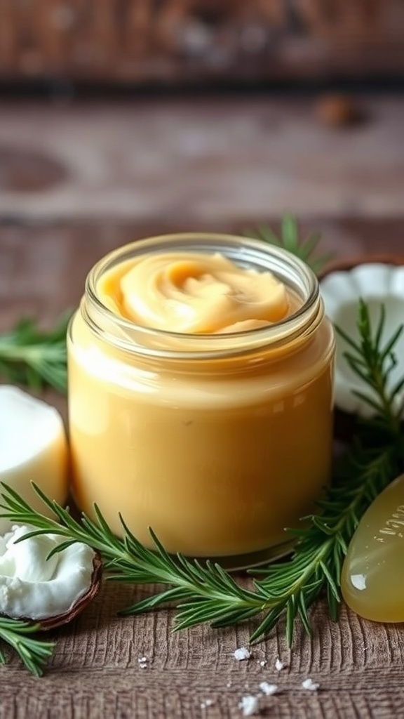 A jar of homemade hair growth butter with shea butter and coconut oil, surrounded by natural ingredients.